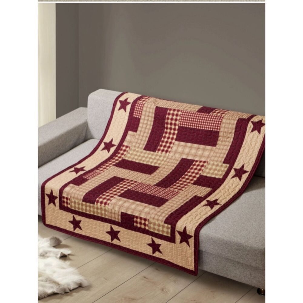 Primitive Burgundy Star Printed Quilted Throw Blanket Farmhouse Cottagecore